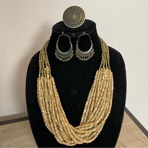 AFRICAN Hand Made NATURAL Beaded TRIBAL Multi-Strand NECKLACE EARRINGS RING SET